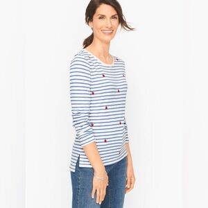 Talbots Embroidered Apples Cotton Modal Crewneck Tee Size 2X Petite Striped